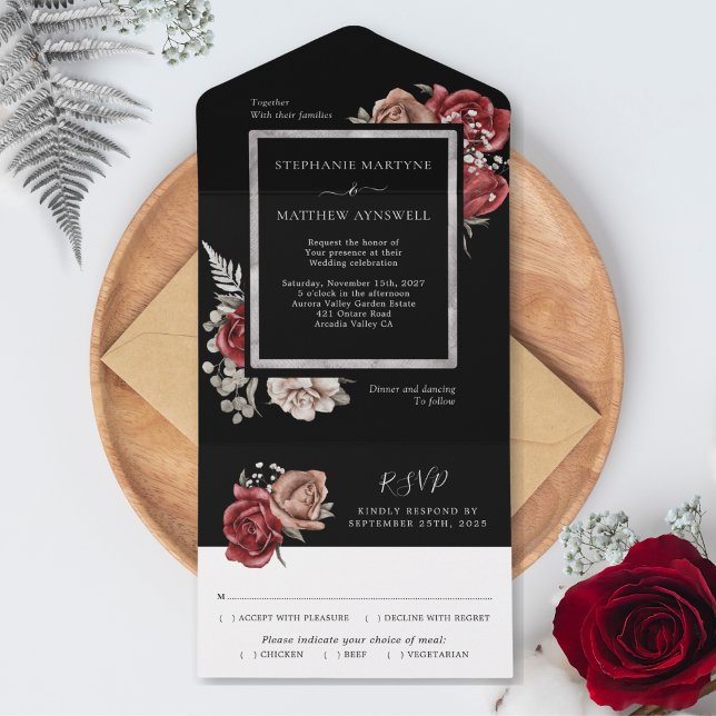 Elegante einzigartige Rote Rose Botanische Hochzei All In One Einladung (Von Creator hochgeladen)