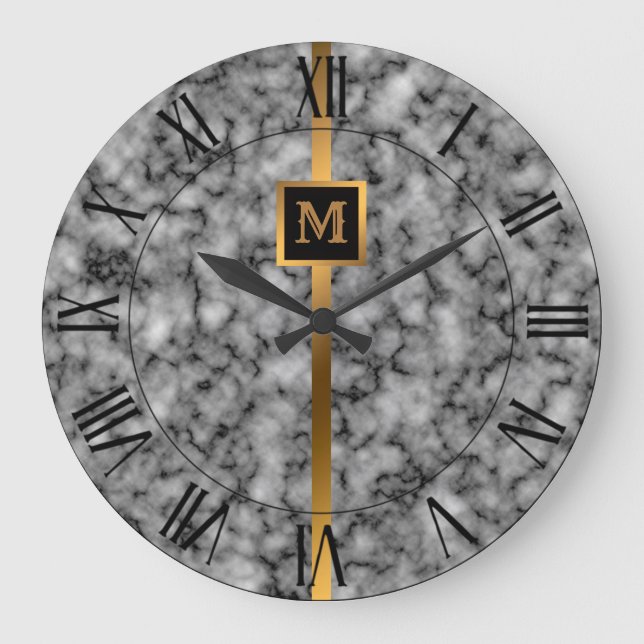 Elegante Elegante Moderne Black Gold Marmor Große Wanduhr (Vorderseite)