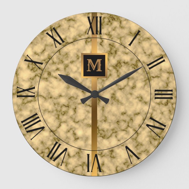 Elegante Elegante Moderne Black Gold Marmor Große Wanduhr (Vorderseite)
