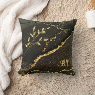 Elegante, elegante Schwarz-Gold-Marmorinitials Kissen