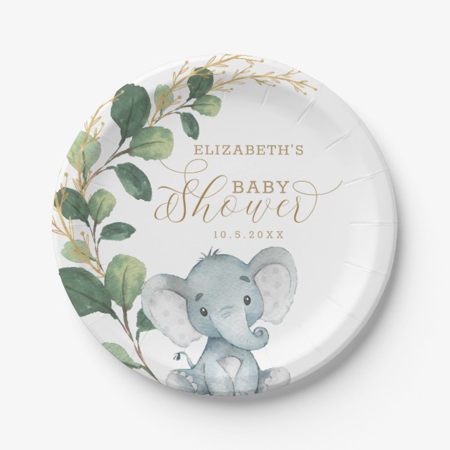 Elegante Elephant Babydusche Aquarell Pappteller (Vorderseite)