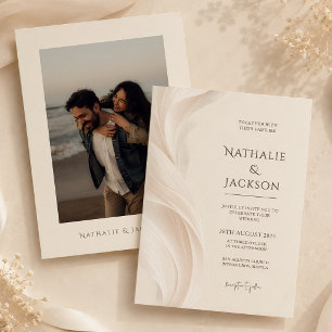 Elegante Elfenbein-Beige-Feder-Hochzeitsfoto Einladung
