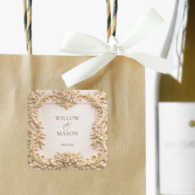 Elegante Elfenbein Blumen-Ranglieder Hochzeit Quadratischer Aufkleber (Elegant Ivory Floral Scroll Wedding Square Sticker)