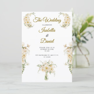 Elegante Elfenbein-Gold-Blumen-Hochzeitssuite Einladung