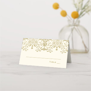 Elegante Elfenbein-Gold-Vintage-Damask-Hochzeit Platzkarte