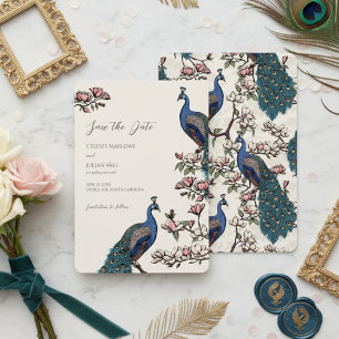 Elegante Elfenbein Pfauen Hochzeit Save The Date