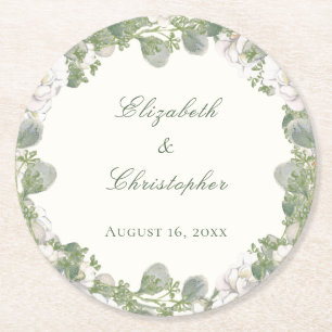 Elegante Elfenbein-Salbei-Grün-Blumen-Hochzeitsunt Runder Pappuntersetzer