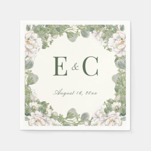 Elegante Elfenbein-Salbei-Grün-Blumen-Monogramm-Ho Serviette