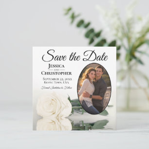 Elegante Elfenbeinrose mit Oval Foto Hochzeit Save The Date