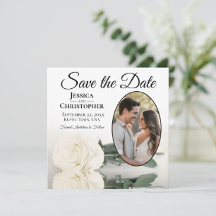 Elegante Elfenbeinweiße Rose mit ovalem Foto Hochz Save The Date