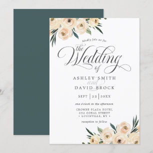 Elegante Elfenbeinweiße Rosen Blumen Hochzeit Einladung