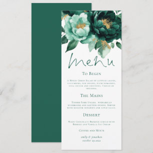 Elegante Emerald and Gold Florals Wedding Menu Car Einladung