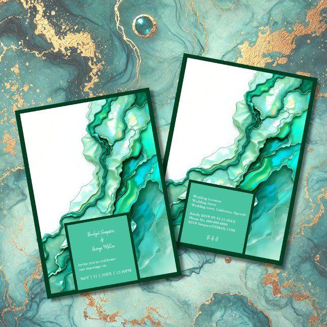 Elegante Emerald Aquamarin Marble Watercolor Weddi Einladung (Von Creator hochgeladen)