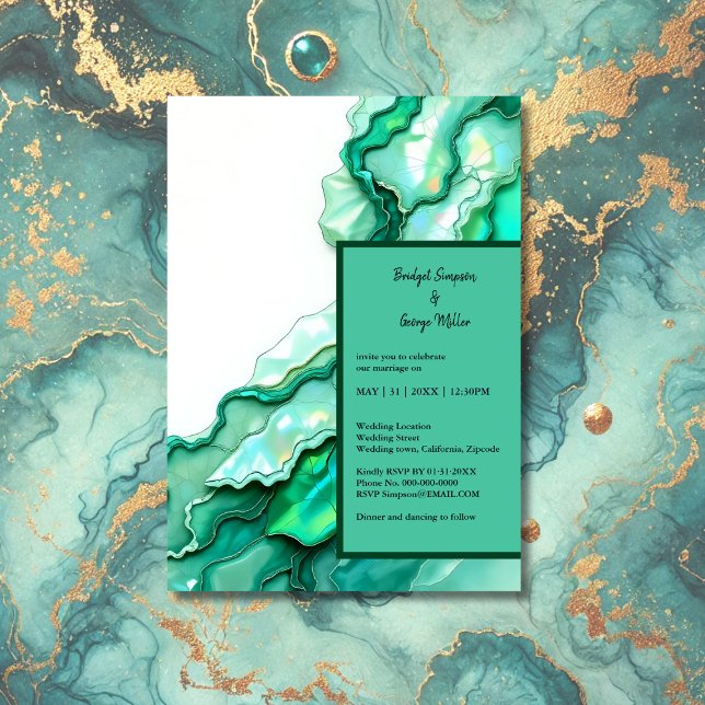Elegante Emerald Aquamarin Marble Watercolor Weddi Einladung (Von Creator hochgeladen)