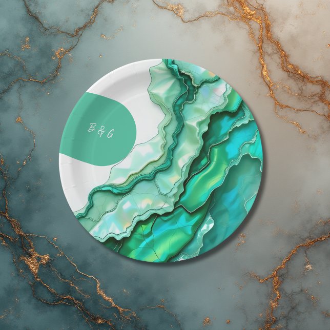 Elegante Emerald Aquamarin Marble Watercolor Weddi Pappteller (Von Creator hochgeladen)