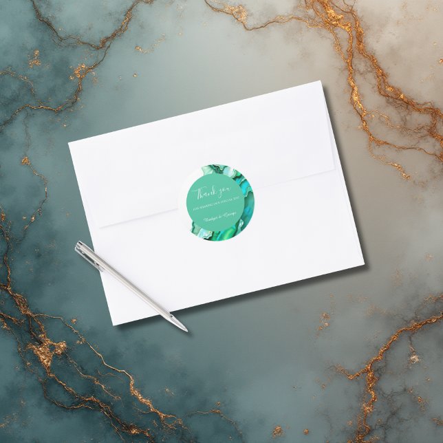 Elegante Emerald Aquamarin Marble Watercolor Weddi Runder Aufkleber (Von Creator hochgeladen)