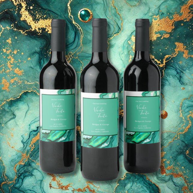 Elegante Emerald Aquamarin Marble Watercolor Weddi Weinetikett (Von Creator hochgeladen)