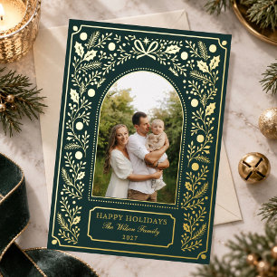 Elegante Emerald Botanische Familienfoto Goldfolie Folien Feiertagskarte