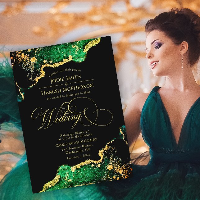 Elegante Emerald Green Bronze Gold Wedding Einladung (Elegant Emerald Green Bronze Gold Wedding Invitation)
