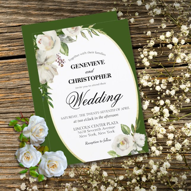 Elegante Emerald Green Floral Gold Wedding Einladung (Elegant Emerald Green Floral White Rose Wedding Invitation)