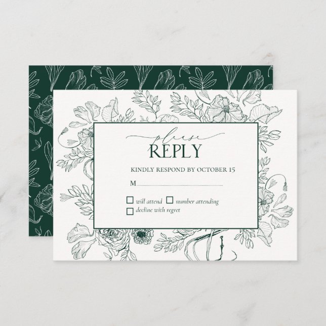 Elegante Emerald Green Floral Line Art Wedding RSVP Karte (Vorne/Hinten)