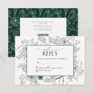 Elegante Emerald Green Floral Line Art Wedding RSVP Karte