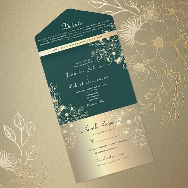 Elegante Emerald Green Floral Wedding All In One Einladung (Von Creator hochgeladen)