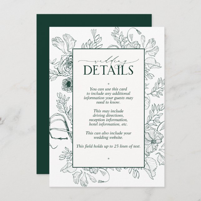 Elegante Emerald Green Floral Wedding Details Begleitkarte (Vorne/Hinten)