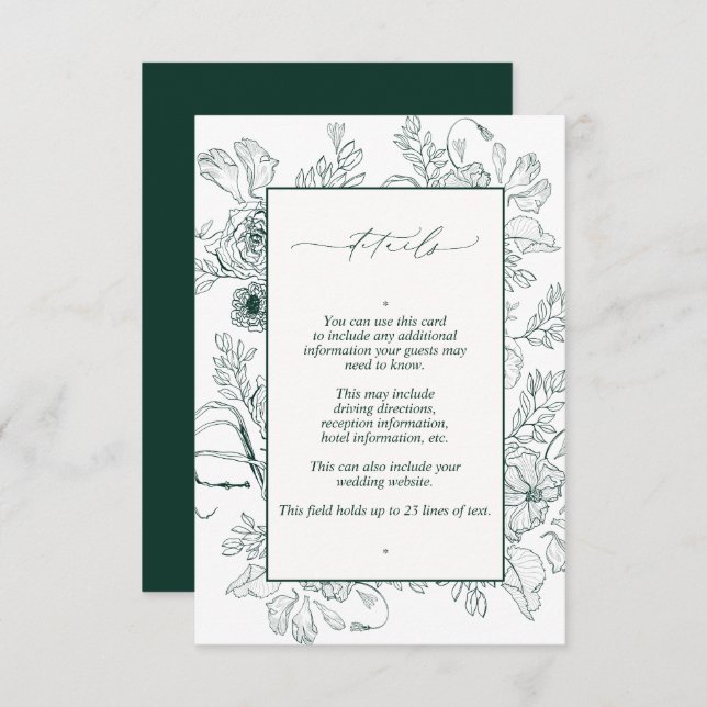 Elegante Emerald Green Floral Wedding Details Begleitkarte (Vorne/Hinten)