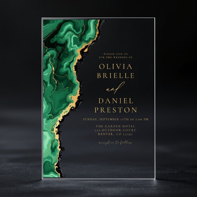 Elegante Emerald Green Gold Agate Wedding Acryleinladungen (Von Creator hochgeladen)