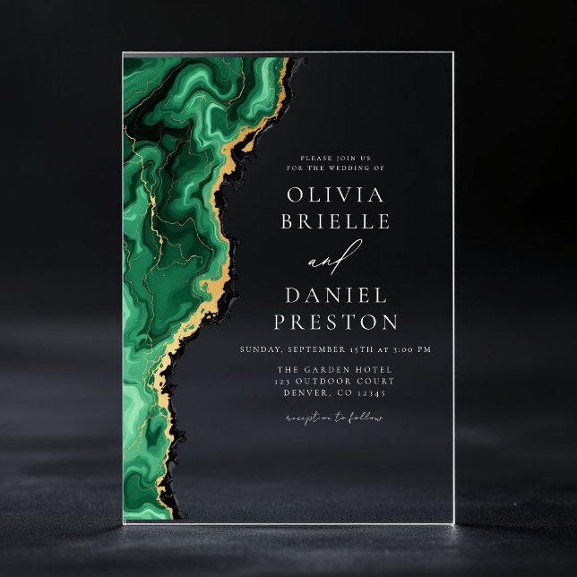 Elegante Emerald Green Gold Agate Wedding Acryleinladungen (Von Creator hochgeladen)