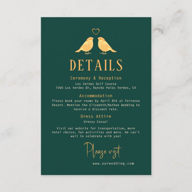 Elegante Emerald Green & Gold Birds Hochzeitdetail Begleitkarte (Vorderseite)