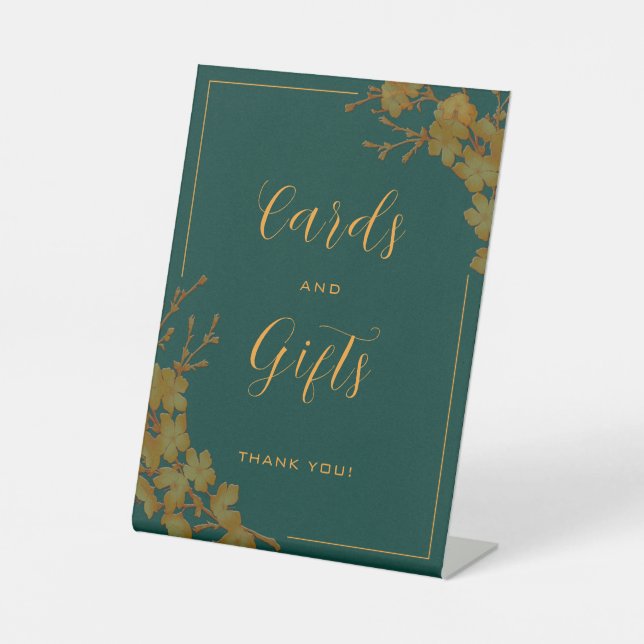 Elegante Emerald Green & Gold Floral Cards Geschen Sockelschild (Vorderseite)