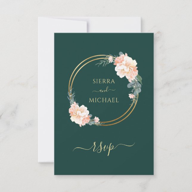 Elegante Emerald Green Gold Floral Wedding RSVP Karte (Vorderseite)