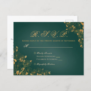 Elegante Emerald Green & Gold Floral Wedding RSVP Postkarte