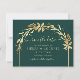Elegante Emerald Green Gold Foliage Arch Wedding Save The Date
