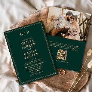 Elegante Emerald Green Gold Foto QR Code Wedding Einladung