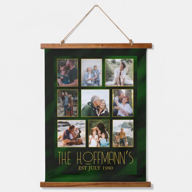 Elegante Emerald Green Gold Frame Foto Collage Wandteppich Mit Holzrahmen (Vorderseite)