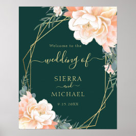 Elegante Emerald Green Gold Peach Floral Wedding Poster