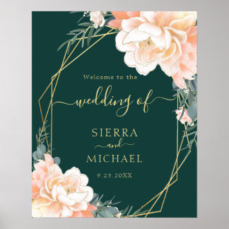 Elegante Emerald Green Gold Peach Floral Wedding Poster
