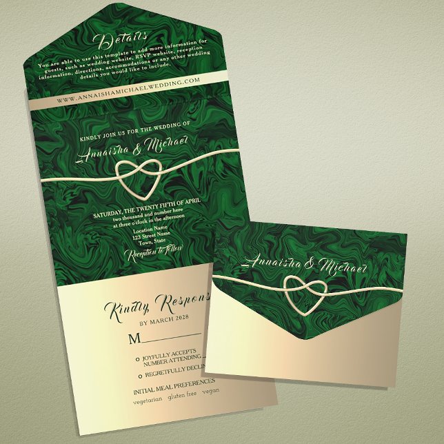 Elegante Emerald Green Gold Wedding All In One Einladung (Von Creator hochgeladen)