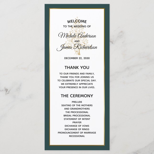 Elegante Emerald Green Gold Winter Holiday Wedding Programm (Vorderseite)