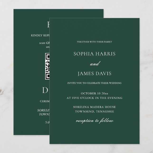 Elegante Emerald Green Minimal Wedding All in One Einladung (Vorne/Hinten)