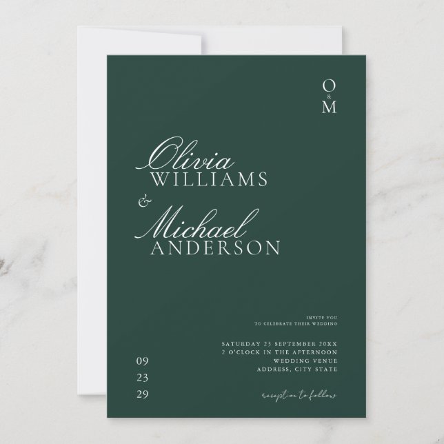 Elegante Emerald Green Minimalistisch Wedding Einladung (Vorderseite)