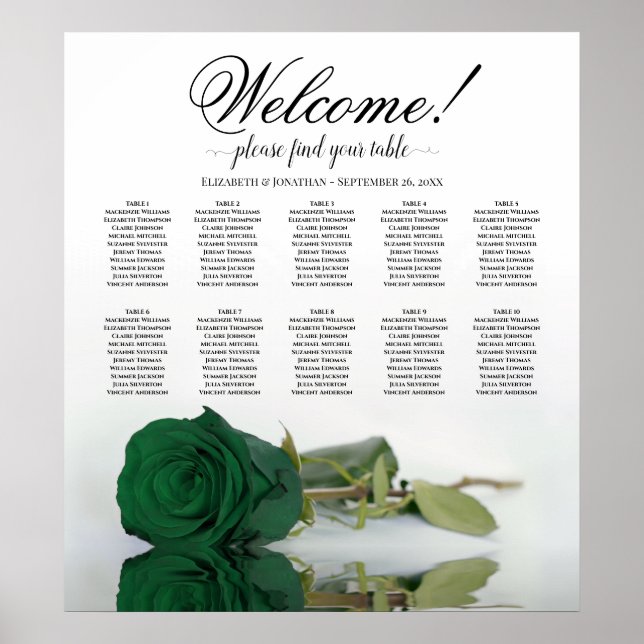 Elegante Emerald Green Rose 10 Table Seating Chart Poster (Vorne)