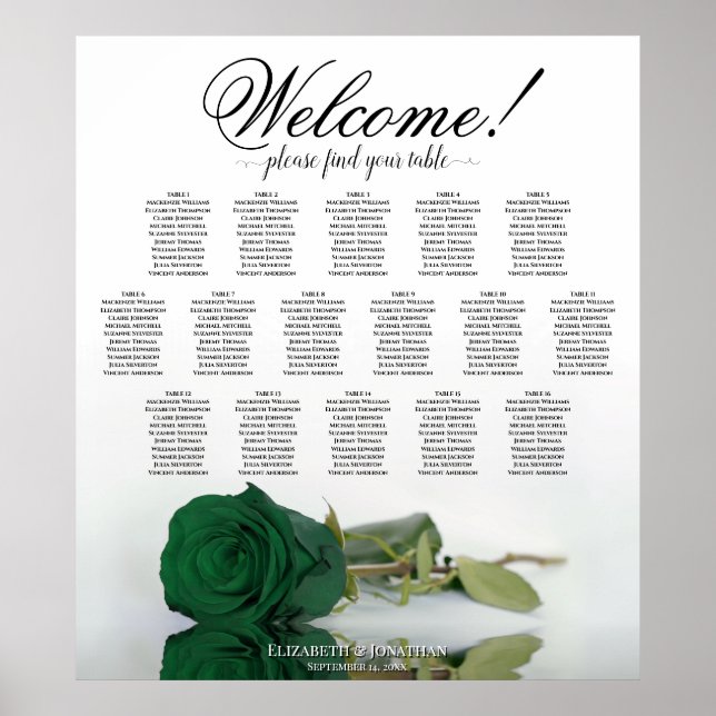 Elegante Emerald Green Rose 16 Table Seating Chart Poster (Vorne)