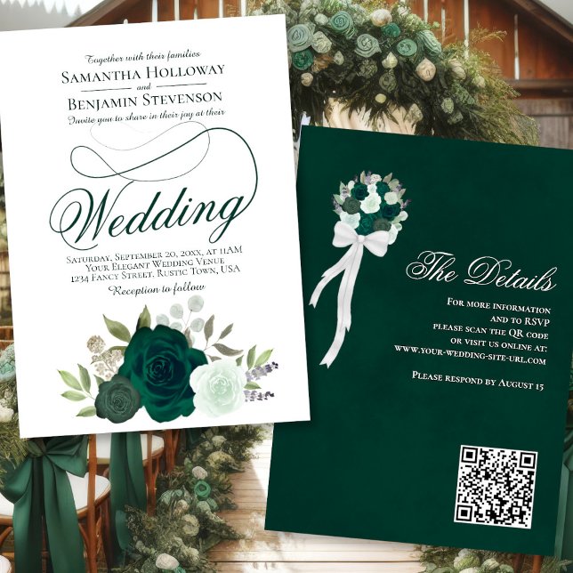 Elegante Emerald Green Rose Blumenkode QR Hochzeit Einladung (Front/Back)