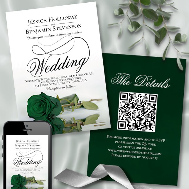 Elegante Emerald Green Rose Extravagant QR Code We Einladung (Von Creator hochgeladen)