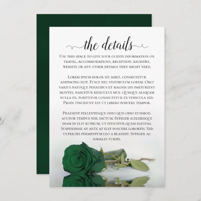 Elegante Emerald Green Rose Hochzeitdetails Begleitkarte (Vorne/Hinten)