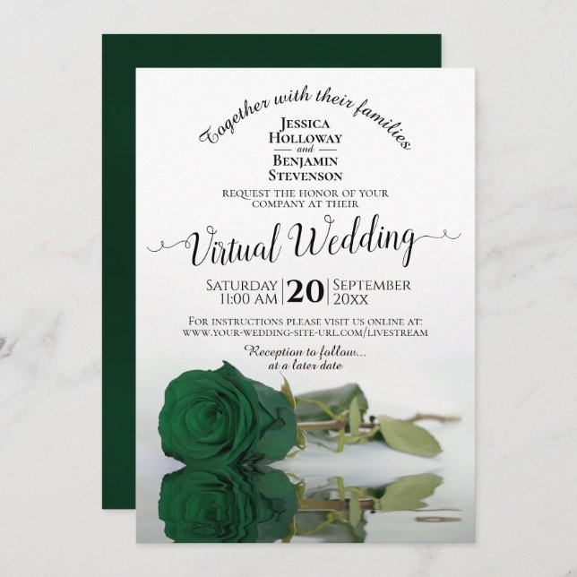 Elegante Emerald Green Rose Virtual Wedding Einladung (Vorne/Hinten)
